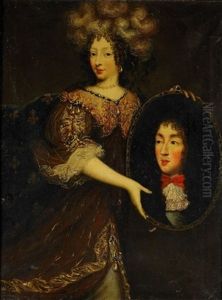 Formodligen Portrattet Av La Grande Demoiselle Med Ett Portratt Av Louis Xiv by Jean Nocret