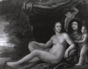 Jeune Femme Allongee A Cote D'un Portrait En Medaillon by Jean Nocret