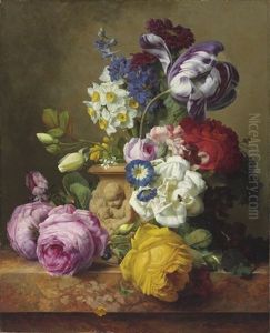 Roses, Tulips, Morning Glory, Delphinium And Primrose In A Terracotta Vase by Charles-Joseph Node