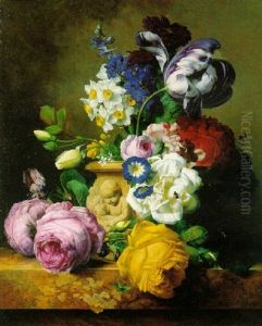 Roses, Tulips, Morning Glory, Delphinium And Primrose Peerless In A Terra Cotta Vase On A Marble Ledge by Charles-Joseph Node
