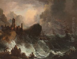 Sturmische See Mit Schiffbruchigen Vor Felsiger Kuste Sturmische See Mit Schiffbruchigen Vor Felsiger Kuste