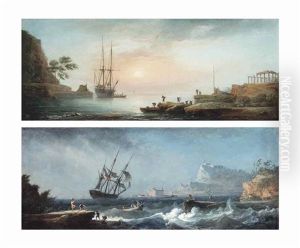 A Peaceful Anchorage In The Mediterranean At Dawn; And A French Merchantman And Other Shipping In Stormy Waters, A Fortified Town On The Shore Beyond by Noel, Alexandre Jean