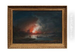 Incendie Pres D'un Port, Des Personnages Au Premier Plan Incendie Pres D'un Port, Des Personnages Au Premier Plan