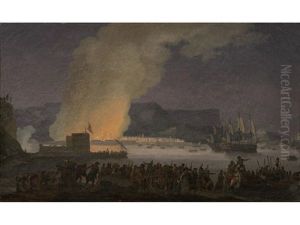 A Capriccio Of A Moonlit Mediterranean Harbour With Figures Watching A Town Fire by Noel, Alexandre Jean