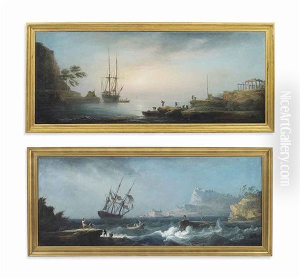 A Mediterranean Costal Landscape At Dawn With A Man-of-war... (+ A Mediterranean Costal Landscape With A Man-of-war...; Pair) - view 1