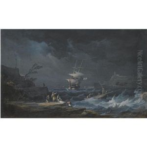 A Shipwreck At Nighttime Off A Rocky Mediterranean Coast by Noel, Alexandre Jean