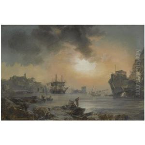 A Harbour Scene With Figures Cavorting In The Foreground And Ships Docking Beyond by Noel, Alexandre Jean