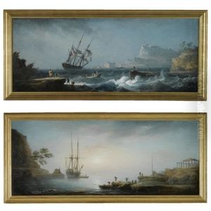 A Stormy Mediterranean Coastal Scene With Distressed Fishermen In The Foreground (+ A Calm Mediterranean Coastal Scene With Fishermen Unloading Their Catch; Pair) by Noel, Alexandre Jean
