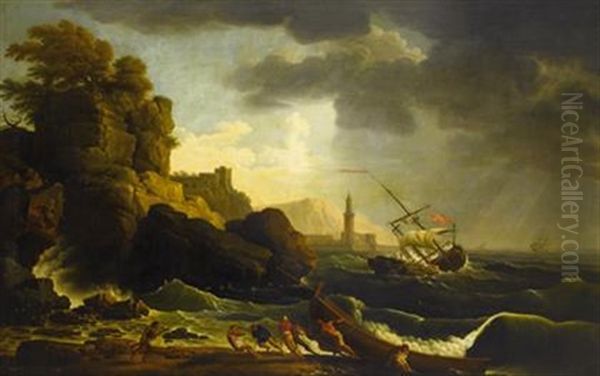 Mediterranean Harbor With Fishermen Pulling A Boat To Shore - view 1