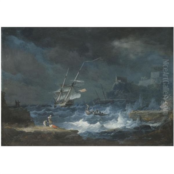 A Coastal Scene With Ships Weathering A Storm - view 1