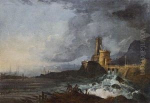 An Estuary With A Ford, Two Fishermen In The Foreground by Noel, Alexandre Jean