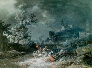 Washerwomen Surprised By A Storm Outside The Walls Of A City Dominated By A Castle