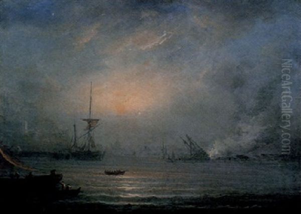 Ships Lying Off The Coast At Sunset - view 1