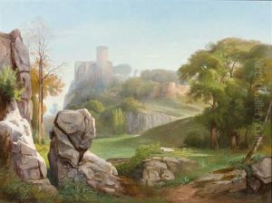 Romantische Flusslandschaft Mit Malerischer Burgbefestigung by Gustave Joseph Noel
