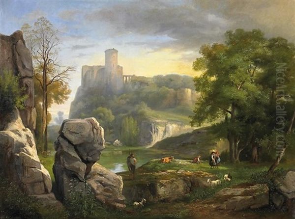 Hirte Und Bauernmadchen In Felsiger Landschaft. Im Hintergrund Eine Burganlage - view 1