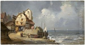 Normannisches Dorf An Der Kuste; Segelschiff Am Strand Vor Einem Dorf by Jules Achille Noel