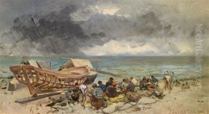 Personnages Sur La Plage, Pres D'une Coque De Bateau by Jules Achille Noel