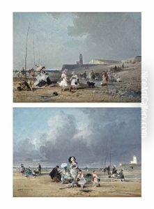 Children Playing On The Beach, Treport; And Families Enjoying A Day At The Beach, Treport (pair) by Jules Achille Noel