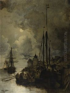 Ville En Bord De Mer Au Clair De Lune by Jules Achille Noel