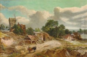 Bretonische Kustenlandschaft Mit Alten Hausern, Ruine Und Windmuhle. Figurenstaffage Mit Kuhen