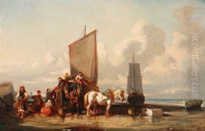Fisher Folk On The Coast With Boats And Horse-drawn Wagon Fisher Folk On The Coast With Boats And Horse-drawn Wagon