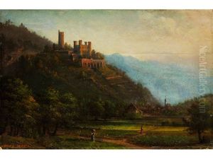 Bergige Landschaft Mit Erhoht Im Spatlicht Stehender Burganlage