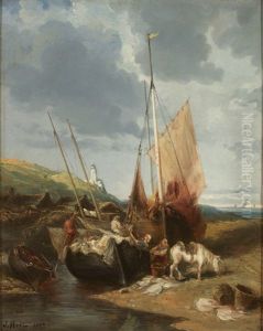 Uferstuck Bei Ebbe Mit Fischerbooten Und Personenstaffage An Einem Sonnigen Morgen