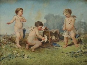 Colombes Retenues Par Les Amours (+ Amours Allumant Le Feu De La Passion; Pair) by Jules Achille Noel