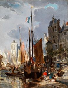 Fischerhafen In Einer Franzosischen Stadt Mit Giebelhausern Und Kirchturm Im Hintergrund by Jules Achille Noel