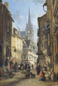 Bretonsiche Altstadtpartie Mit Belebtem Blumenmarkt by Jules Achille Noel