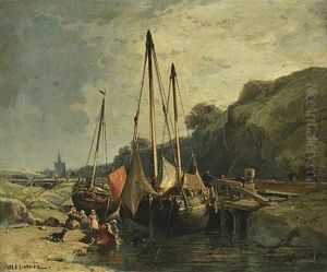 Ships Along The Pier With Family Frolicking Along The Riverbank