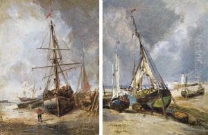 Bateaux Echoues A Maree Basse Devant Le Phare Du Treport (+ Goelette Echouee A Maree Basse; Pair) by Jules Achille Noel