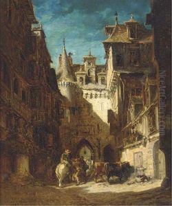 Figures And Cattle Gathered In A Courtyard