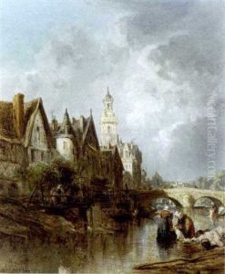 Women Washing Along The Banks Of A River With A Town Beyond