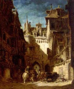 Figures And Cattle Gathered In A Courtyard