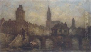 Barges Moored At Bridge In Paris by Jules Achille Noel