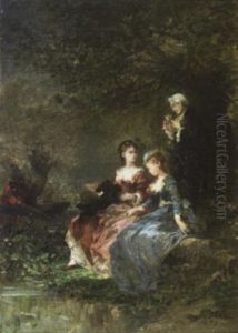 Scene Galante Et Partie De Peche Au Bord De L'etang by Jules Achille Noel
