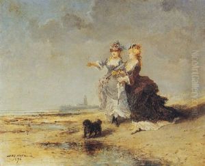 Elegantes Et Leur Bichon Sur La Plage by Jules Achille Noel