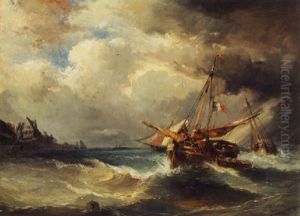 French Fishing Vessels In Rough Seas by Jules Achille Noel