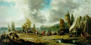 A Busy Fishing Village by Jules Achille Noel