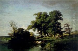Landscape With Animals Watering by Jules Achille Noel