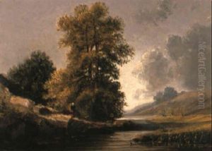 Wooded River Landscape With Figure On A Track by Jules Achille Noel