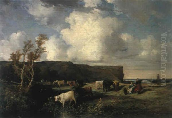 Grand Paysage Et Marine Avec Troupeau De Vaches - view 1