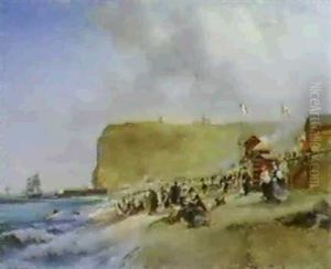 Crinolines Sur La Plage A Fecamp by Jules Achille Noel
