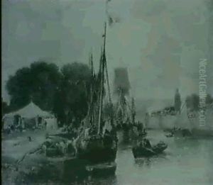 French Fishing Boats In A Harbour by Jules Achille Noel