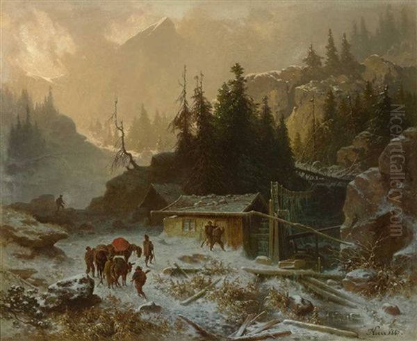 Schmuggler Vor Berghutte In Winterlicher Verschneiter Hochgebirgslandschaft - view 1