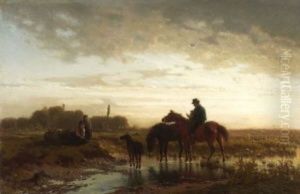 Reiter Mit Pferden In Moorlandschaft by Julius Noerr