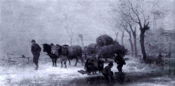 Cattle Drawn Cart With Snowy Creek And Village - view 1
