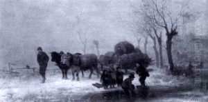 Cattle Drawn Cart With Snowy Creek And Village