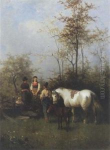 Begegnung Auf Der Pferdekoppel Zur Maienzeit by Julius Noerr